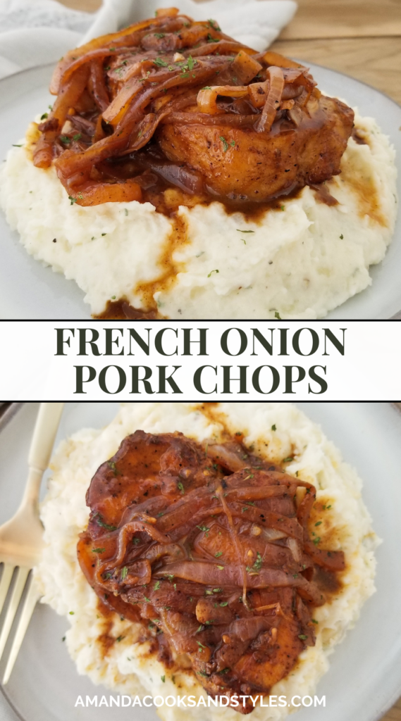 pinterest image pork chops on gray plate