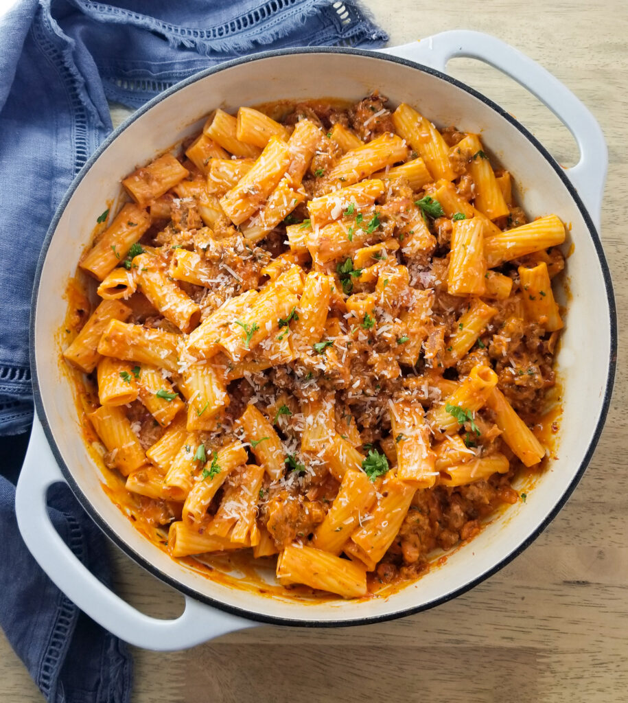 spicy rigatoni pasta in skillet