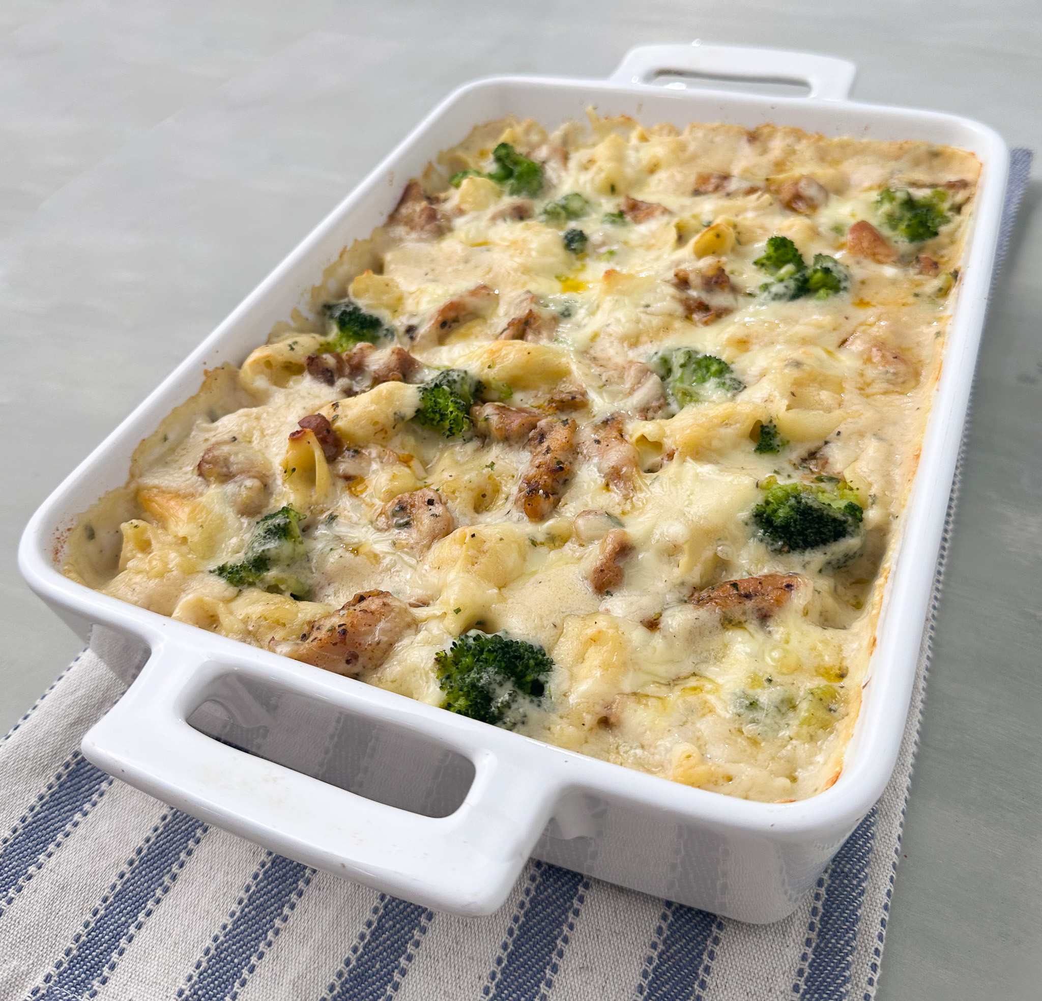 creamy chicken broccoli and cheese tortellini bake